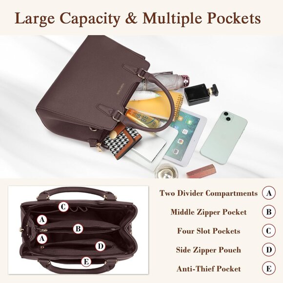 Women Coffee PU leather Top-Handle Waterproof Anti Theft Leather Purses Handbag - Picture 4 of 7